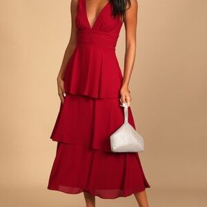 Lulus Celebration Time Red Sleeveless Tiered Midi Dress - Size XL